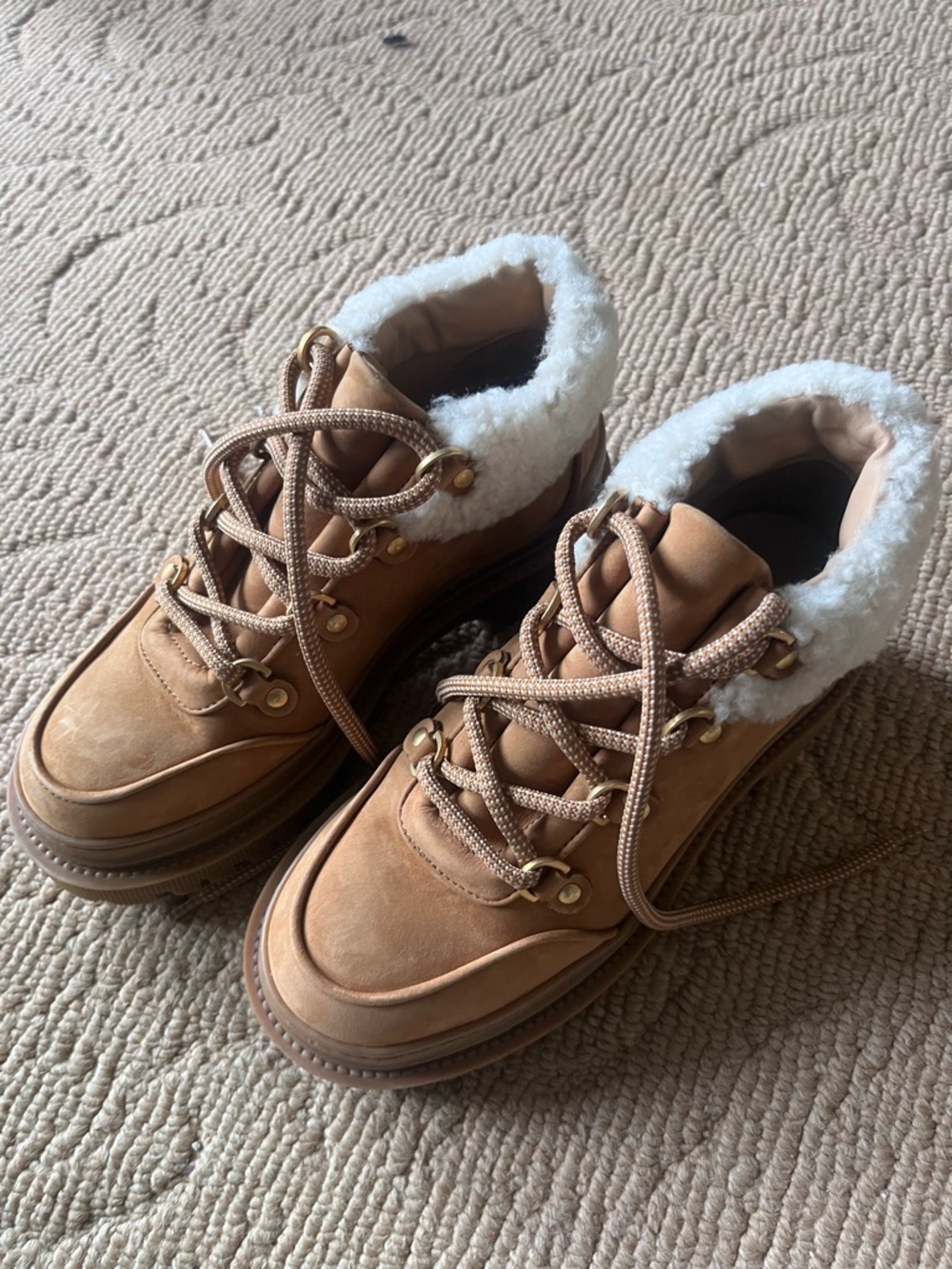 M. Gemi Tan Leather Shearling-Trim Lace-Up Ankle Boots